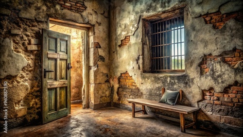 forgotten memories dusty old cell cracked stone walls rusty hinge creaky door worn wooden bench abandoned lives solitude