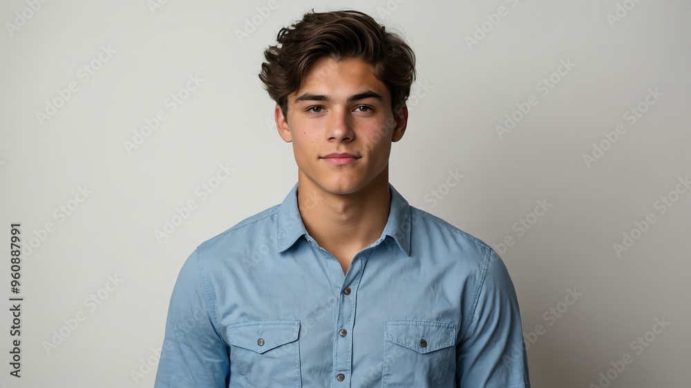 Obraz premium teen stunning brunette american man with blue shirt model portrait standing straight on a plain white background for ad concept space for text