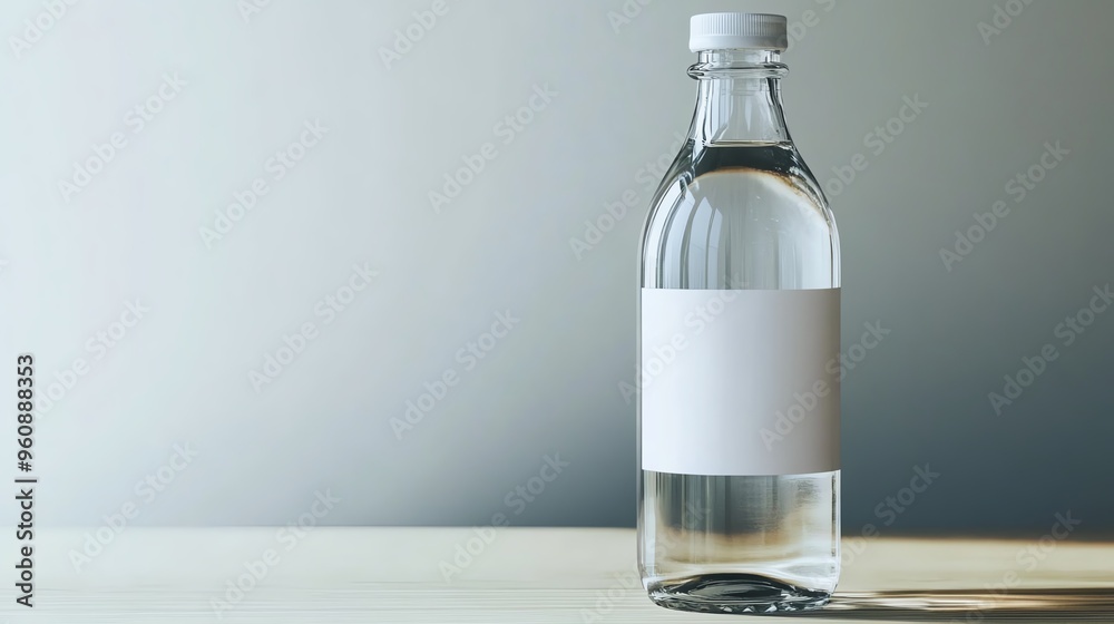 A clear glass bottle filled with water, featuring a blank label for custom branding or design. Ideal for product photography. A clear glass bottle filled with water, featuring a blank label for custom branding or design. Ideal for product photography.