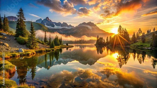 Vibrant sunrise hiking scene with misty mountains and lake reflection in warm golden light