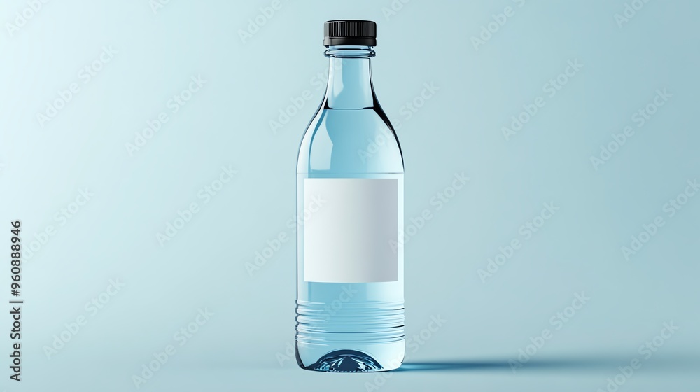 Clear water bottle with blank label on a soft blue background, perfect for branding and advertising purposes. Clear water bottle with blank label on a soft blue background, perfect for branding and advertising purposes.