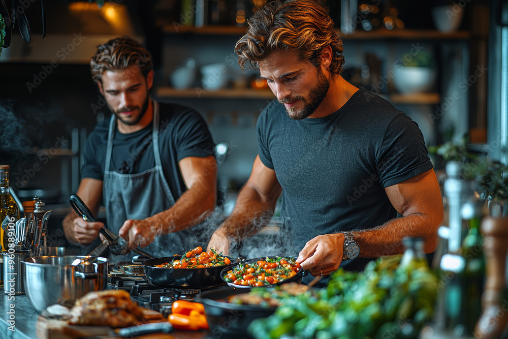 A pair of men cooking dinner together in their modern kitchen, collaborating on a new recipe. Concept of domestic life and partnership. A pair of men cooking dinner together in their modern kitchen, collaborating on a new recipe. Concept of domestic life and partnership.