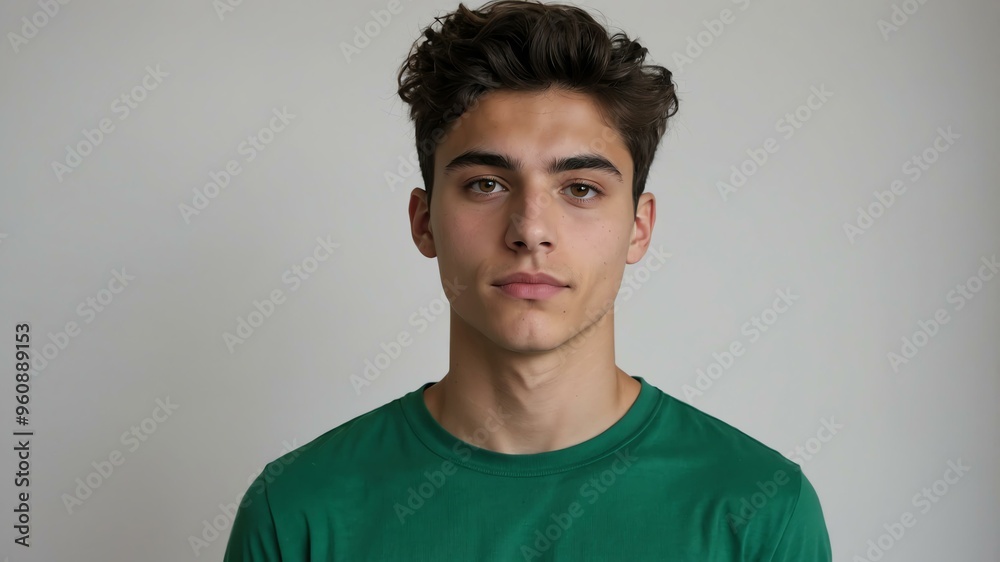 Obraz premium teen stunning brunette european man with green shirt model portrait standing straight on a plain white background for ad concept space for text
