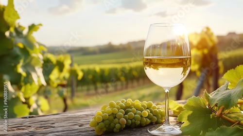 Glass of white wine with a bunch of grapes on a wooden table, overlooking a sunny vineyard landscape in the background. photo