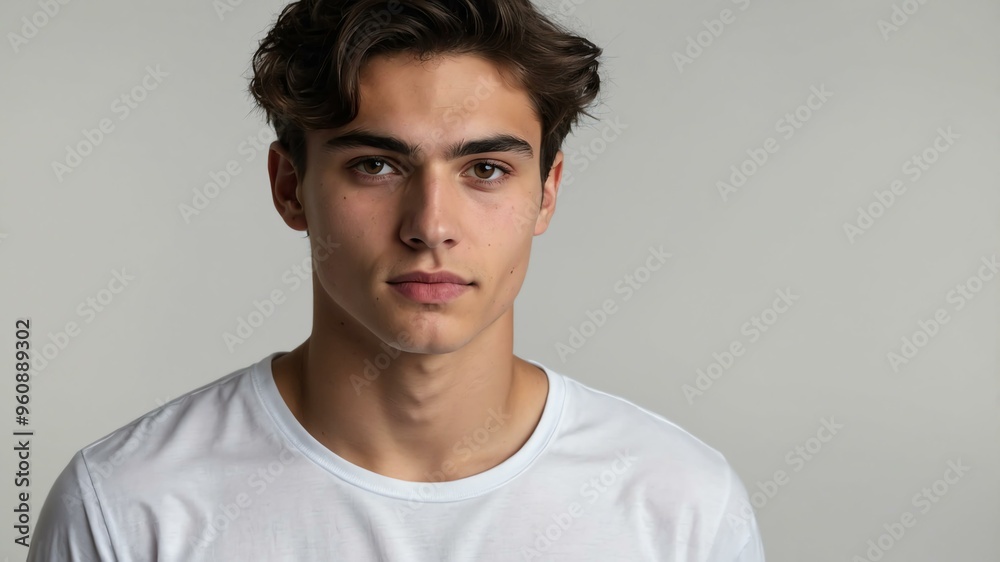 Obraz premium teen stunning brunette european man with white shirt model portrait standing straight on a plain white background for ad concept space for text