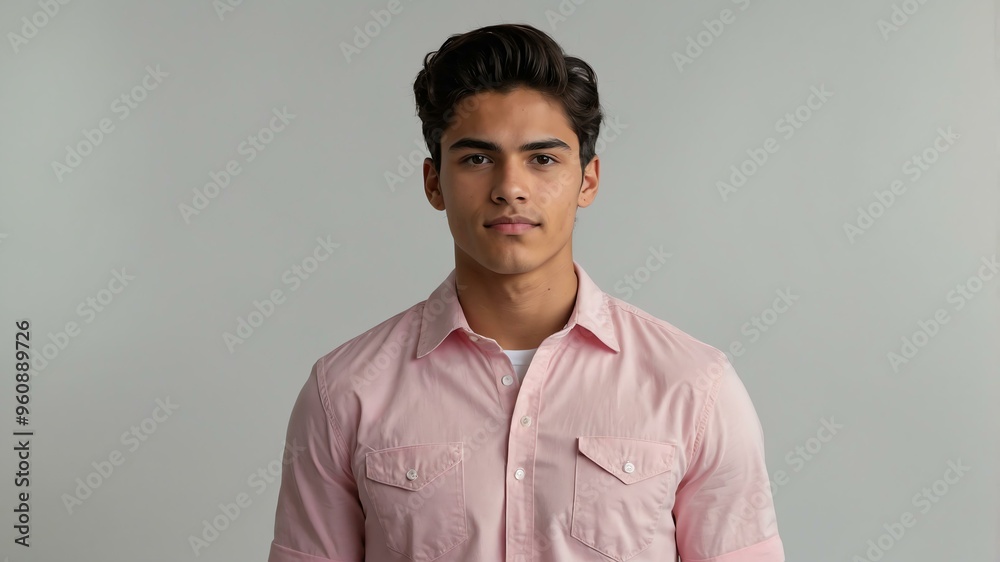 Obraz premium teen stunning brunette hispanic man with pink shirt model portrait standing straight on a plain white background for ad concept space for text