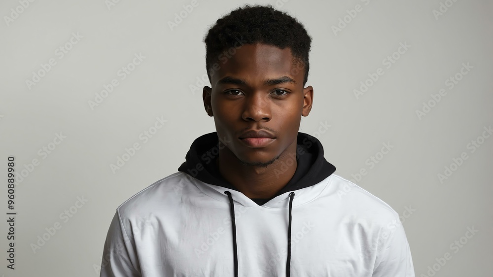 Obraz premium teen stunning brunette subsaharan african man with white shirt model portrait standing straight on a plain white background for ad concept space for text