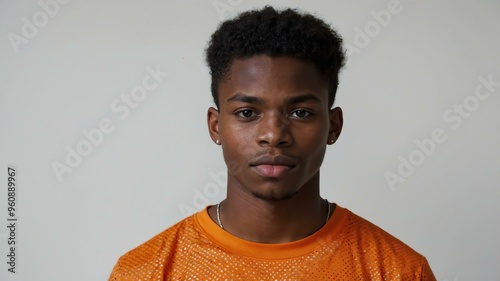 teen stunning brunette subsaharan african man with orange shirt model portrait standing straight on a plain white background for ad concept space for text