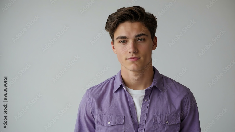 Fototapeta premium teen stunning brunette white man with purple shirt model portrait standing straight on a plain white background for ad concept space for text