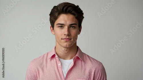 teen stunning brunette white man with pink shirt model portrait standing straight on a plain white background for ad concept space for text