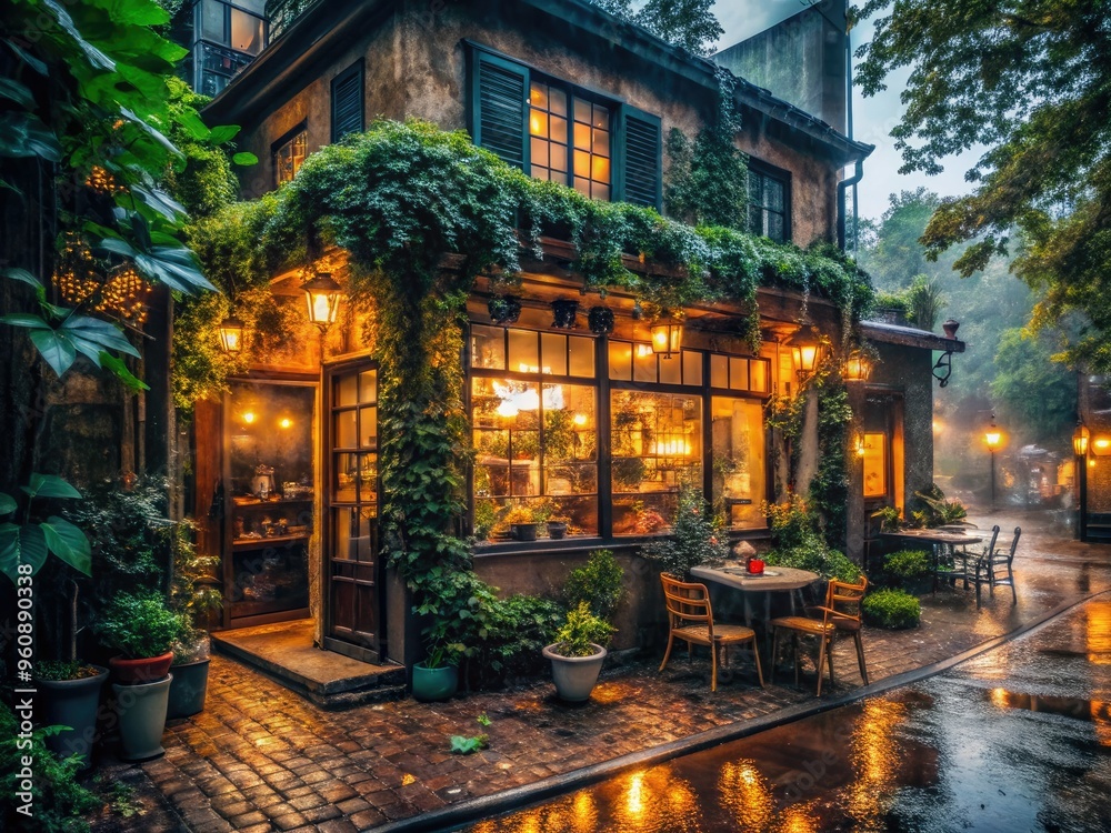 Fototapeta premium Moody Rainy Cityscape Foggy Morning Vintage Coffee Shop Cozy Greenery Warm Lighting Retro Nostalgia Atmospheric Mysterious