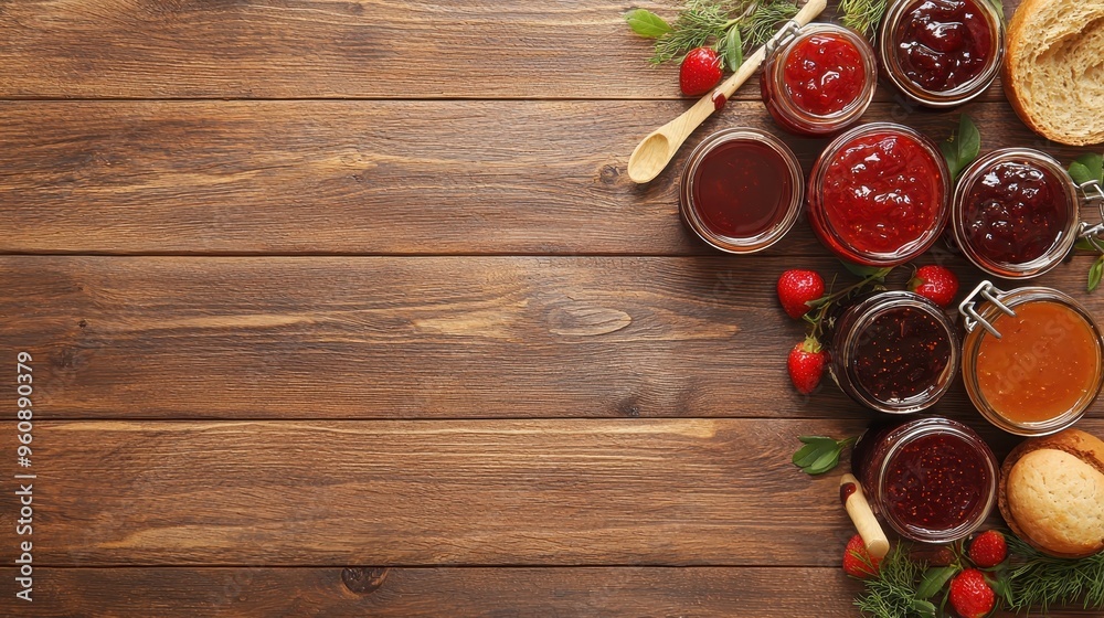 Homemade Strawberry Jam Jars with Rustic Wooden Background Homemade Strawberry Jam Jars with Rustic Wooden Background