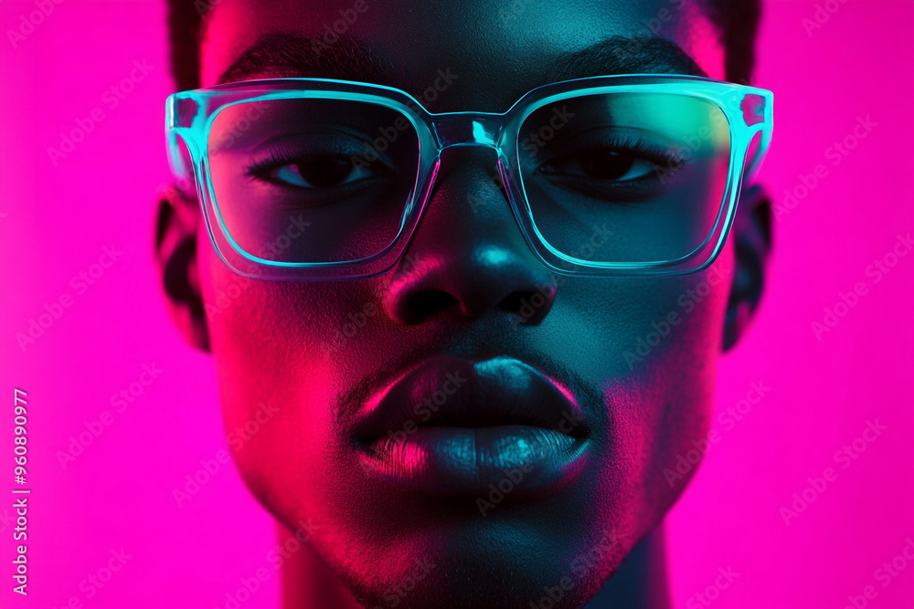 Modern Men in Neon Teal Eyewear with Solid Neon Pink Background Trendsetting Portrait Modern Men in Neon Teal Eyewear with Solid Neon Pink Background Trendsetting Portrait
