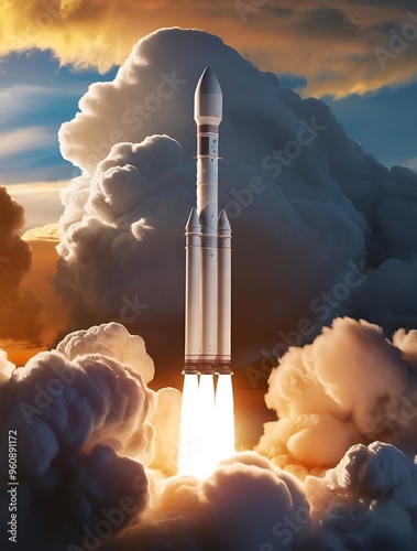 Ariane 6 European launch vehicle during fiery takeoff against dramatic sunset sky, representing technological advancement in 2024 space exploration photo