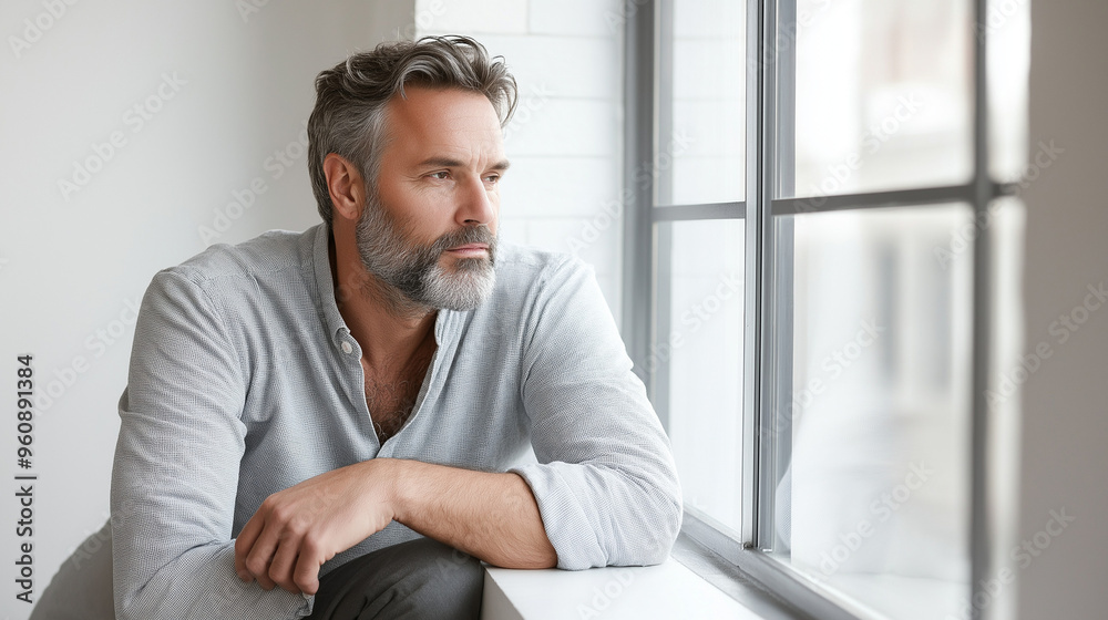 Attractive mature man leaning on the sill of a large bright window with copy space looking away Attractive mature man leaning on the sill of a large bright window with copy space looking away