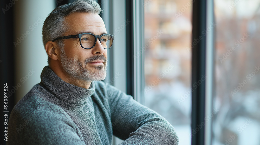 Fototapeta premium Attractive mature man leaning on the sill of a large bright window with copy space looking away