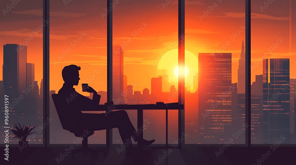 Fototapeta premium Businessman Silhouetted Against City Skyline Sunset