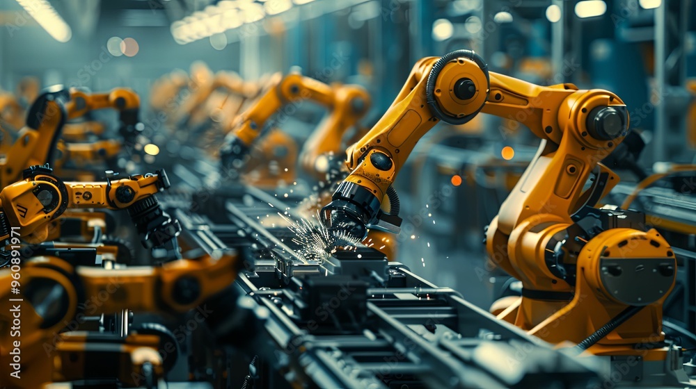 Industrial Robotic Arm Working on an Assembly Line Industrial Robotic Arm Working on an Assembly Line