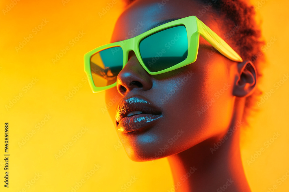 Fashionable Woman in Neon Green Eyewear with Solid Neon Orange Background Trendsetting Portrait Fashionable Woman in Neon Green Eyewear with Solid Neon Orange Background Trendsetting Portrait