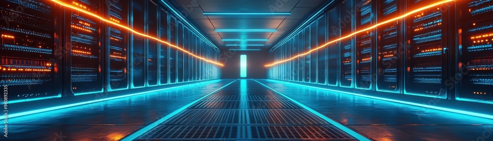Futuristic data center corridor illuminated by vibrant blue and orange lights, showcasing advanced technology and modern design. Futuristic data center corridor illuminated by vibrant blue and orange lights, showcasing advanced technology and modern design.