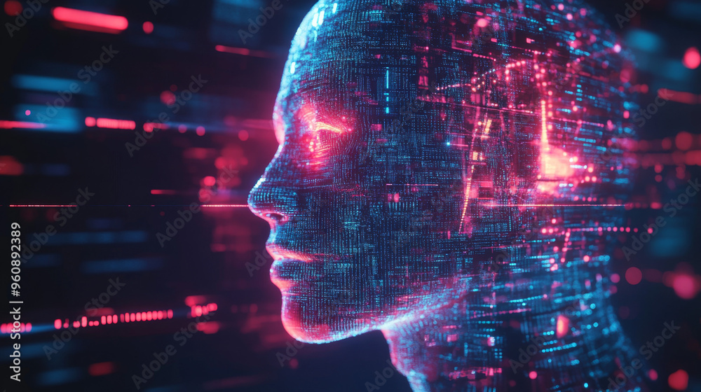 Abstract human head in digital form with glowing data and cyber technology background