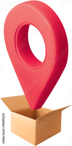 3D Cardboard delivery box with location pin. Logistics and distribution concept. Order or parcel tracking