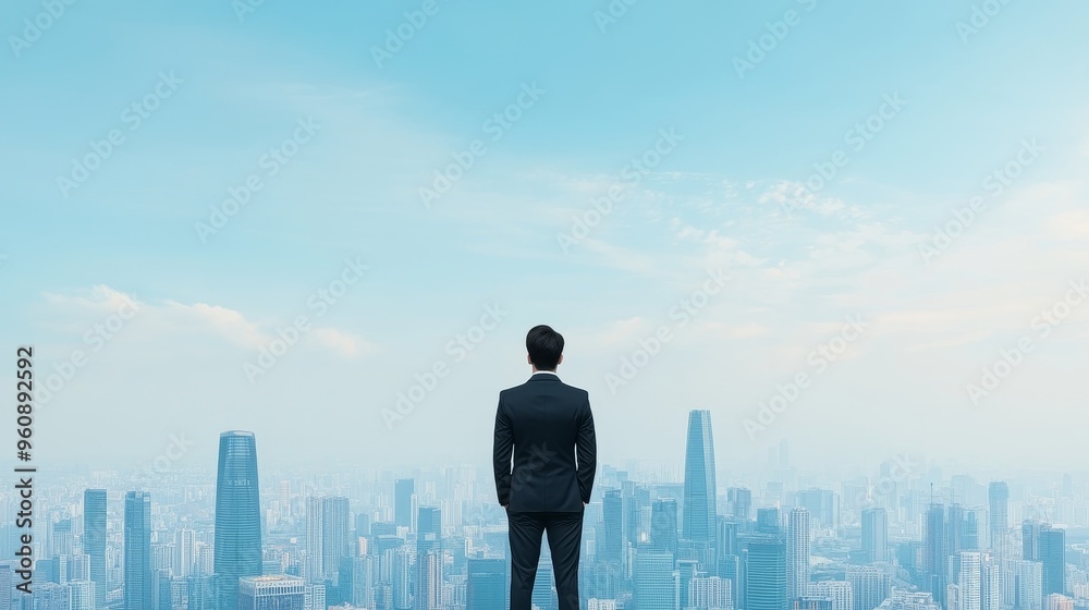 A Confident Leader Overlooking a Futuristic City from a Skyscraper's Edge A Confident Leader Overlooking a Futuristic City from a Skyscraper's Edge