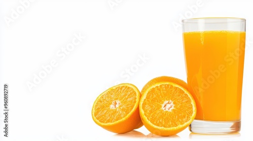 Glass of Orange Juice with Orange Slices on White Background