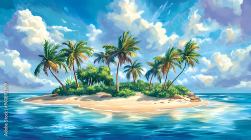 Beautiful tropical island with palm trees and beach panorama as background image. Tropical Island. Illustration