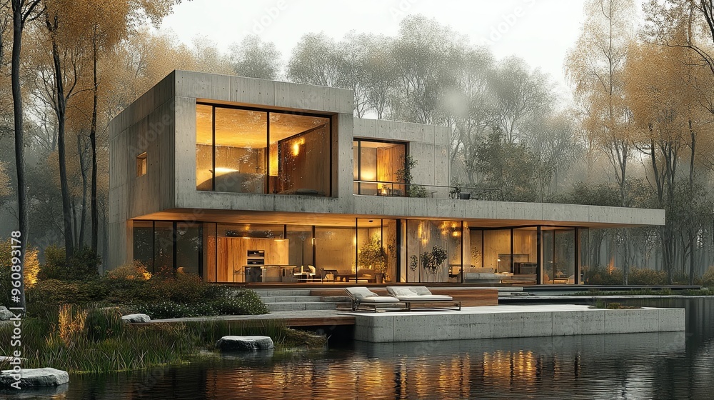 Modern Concrete House with Pool and Deck in a Misty Forest Modern Concrete House with Pool and Deck in a Misty Forest