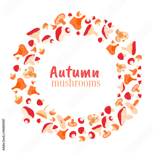 Autumn round frame made of edible mushrooms Saffron milk cap, russula redolens, yellow boletus, suillus,chanterelles, porcini background. Background design with free copy space image.