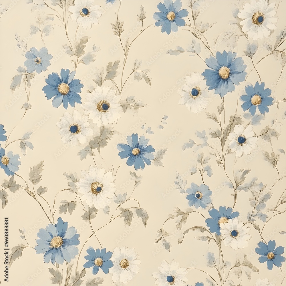 Elegant and Serene Blue and White Daisy Floral Wallpaper Pattern with Soft Beige Background for Interior Design Home Decor or SpringSummer Aesthetic Elegant and Serene Blue and White Daisy Floral Wallpaper Pattern with Soft Beige Background for Interior Design Home Decor or SpringSummer Aesthetic