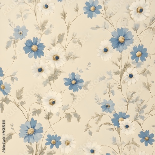 Elegant and Serene Blue and White Daisy Floral Wallpaper Pattern with Soft Beige Background for Interior Design Home Decor or SpringSummer Aesthetic photo