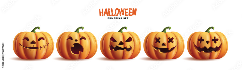 Halloween pumpkins set vector design. Halloween orange pumpkin with funny faces for holiday season spooky trick or treat collection isolated in white background. Vector illustration seasonal scary Halloween pumpkins set vector design. Halloween orange pumpkin with funny faces for holiday season spooky trick or treat collection isolated in white background. Vector illustration seasonal scary