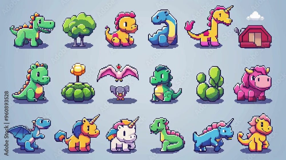 A Collection of Pixelated Fantasy Creatures and Objects