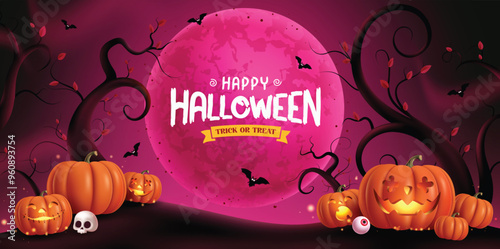 Happy halloween text vector banner design. Halloween trick or treat greeting in red full moon spooky grave yard background with cute, creepy, and funny jack o lantern pumpkins facial expressions. 