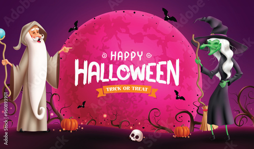 Happy halloween text vector banner design. Wizard and witch characters holding magic staff and broom in spooky pink full moon background with halloween trict or treat greeting card. Vector 