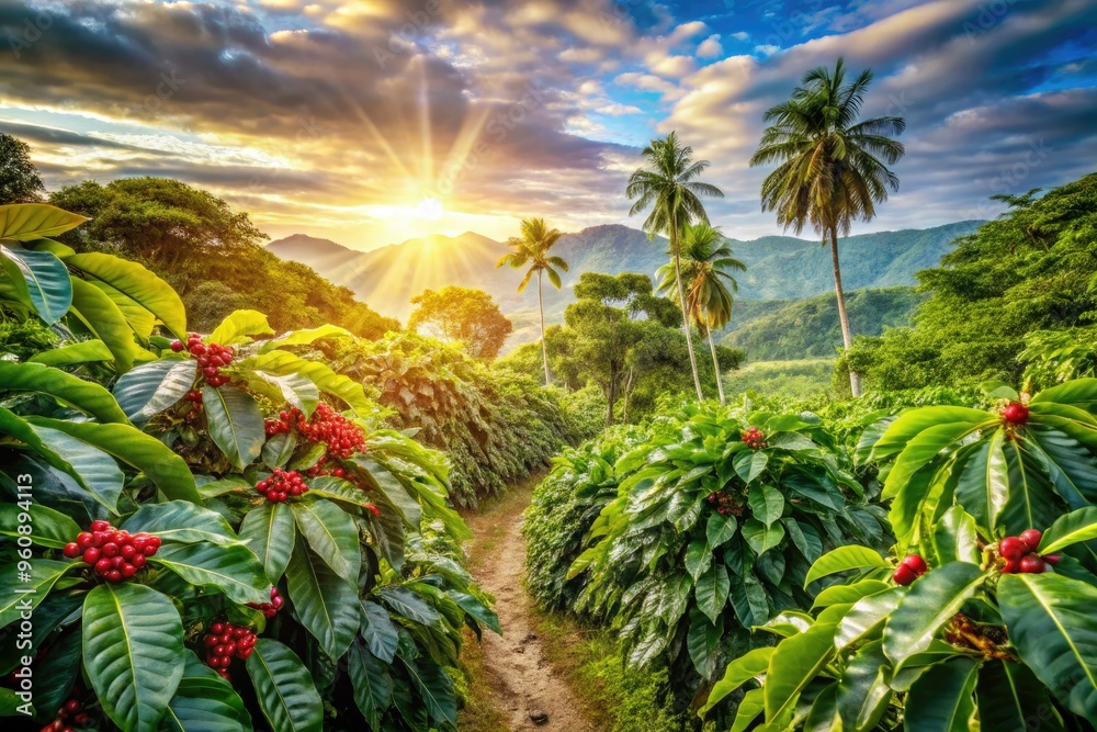 Fototapeta premium Vibrant Tropical Coffee Plantation Bright Green Leaves Sunlit Exotic Destination Warm Vibrant Colors Energetic Playful Adventure