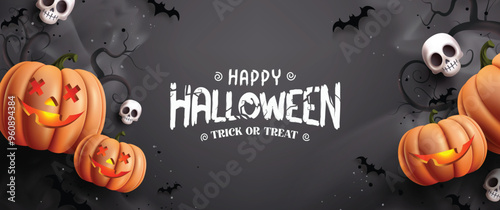 Happy halloween background vector banner design.  Halloween trick or treat greeting text in scary night black background with cute spooky element like jack o lantern, skull and bats. Vector 