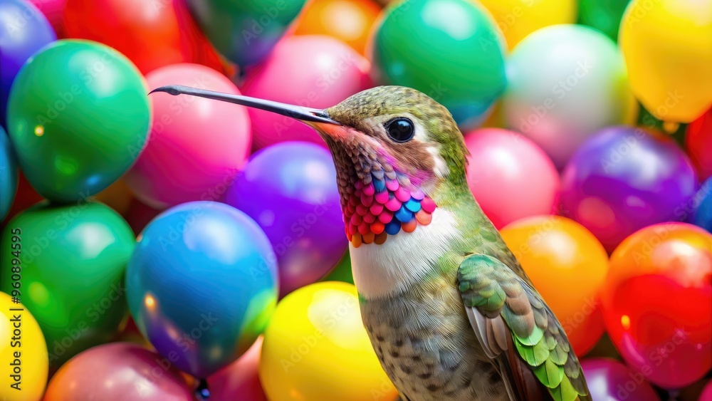 playful hummingbird wiggles tiny tongue amidst colorful fiesta balloons confetti playful hummingbird wiggles tiny tongue amidst colorful fiesta balloons confetti