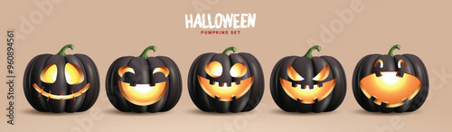 Halloween black pumpkins vector set design. Halloween jack o lantern pumpkins with cute, funny, spooky, creepy and scary facial expressions for horror kids party. Vector illustration squash mascot 