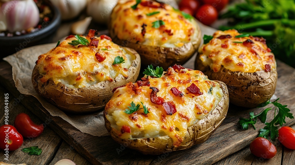 Cheesy Bacon-Topped Baked Potatoes with Fresh Vegetables, Served on a Rustic Wooden Table. Perfect for a Comforting Meal Cheesy Bacon-Topped Baked Potatoes with Fresh Vegetables, Served on a Rustic Wooden Table. Perfect for a Comforting Meal