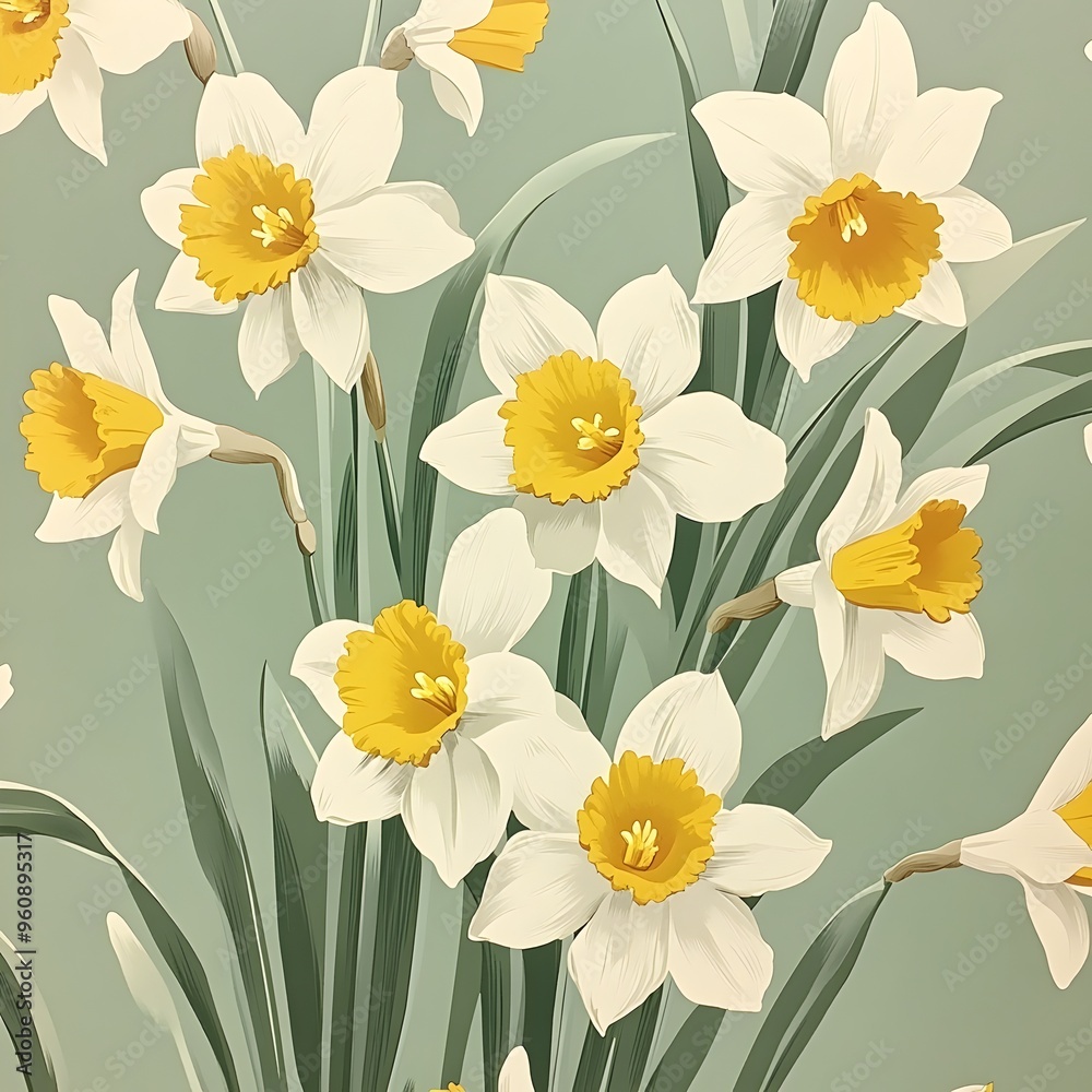 Stylized Daffodil Floral Wallpaper with Light Green Background   Elegant and Modern Botanical Pattern for Digital Print and Interior Design