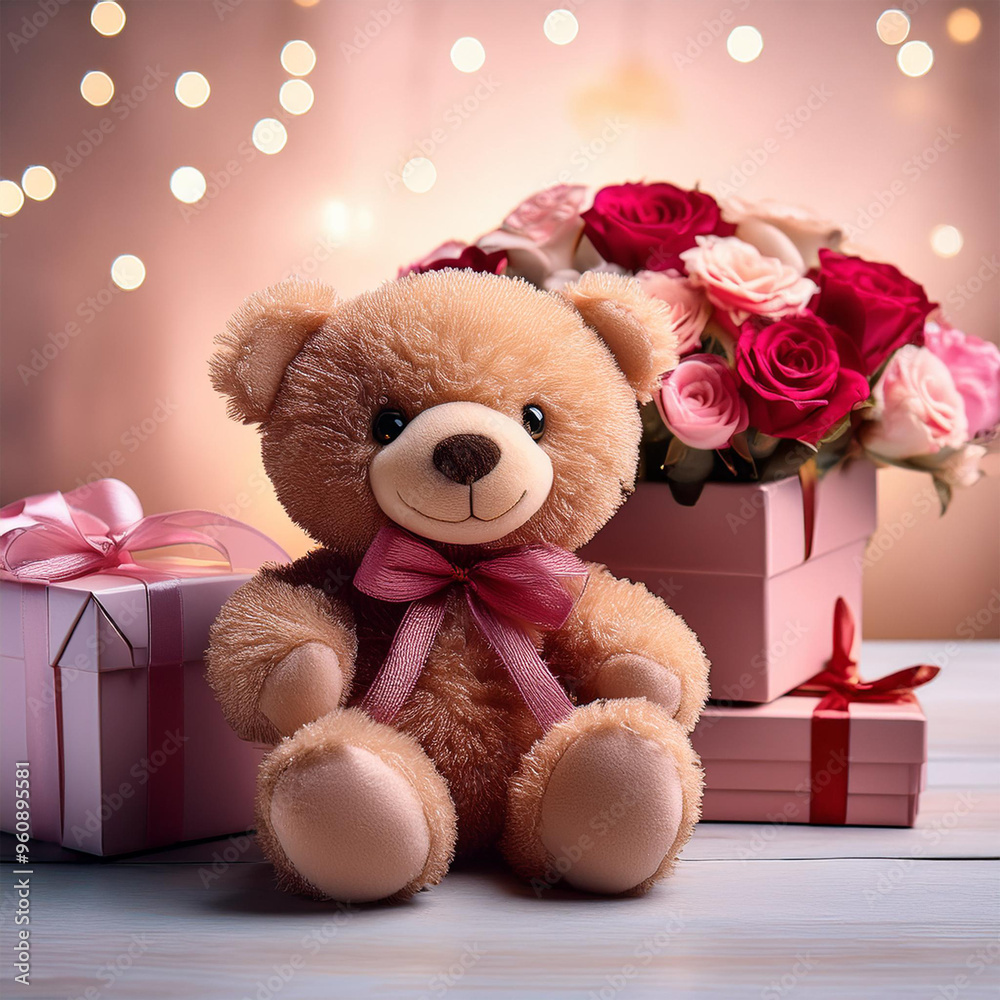 happy valentines day, love concept with gift box and flowers and a small teddy bear happy valentines day, love concept with gift box and flowers and a small teddy bear