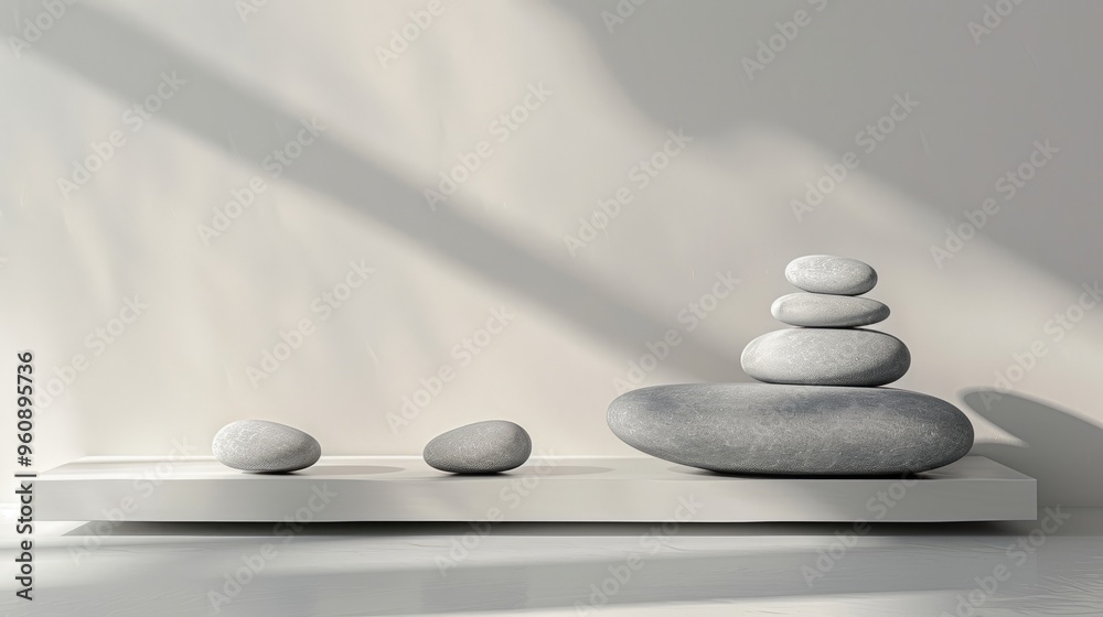 Realistic stone shelf display with sunlight shadow reflection in a grey studio background for advertising and cosmetics with copy space. Realistic stone shelf display with sunlight shadow reflection in a grey studio background for advertising and cosmetics with copy space.
