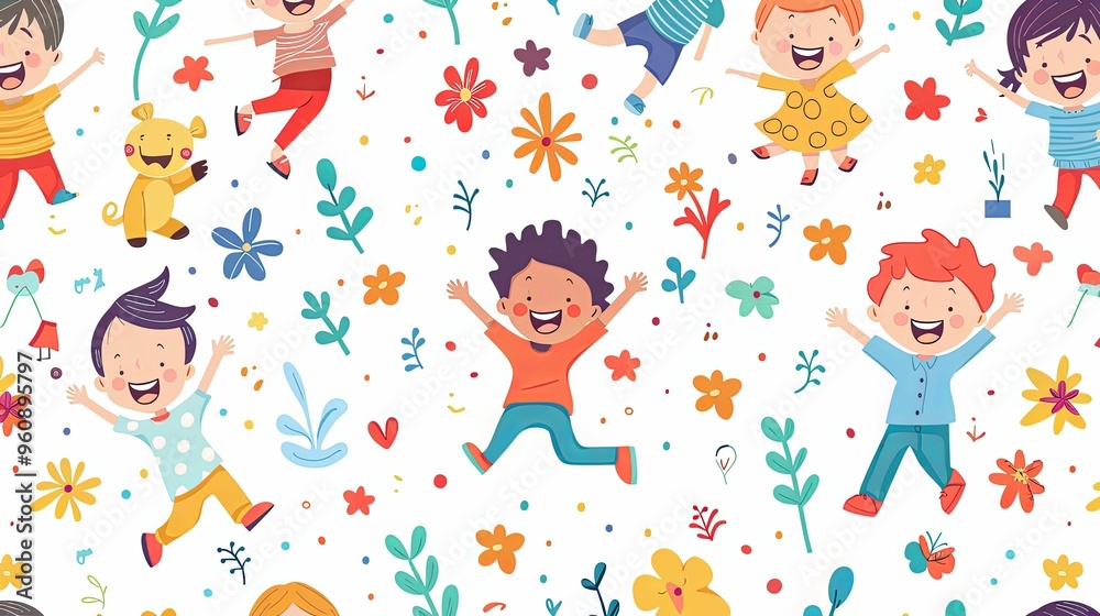 Joyful Children Playing in a Field of Flowers Joyful Children Playing in a Field of Flowers