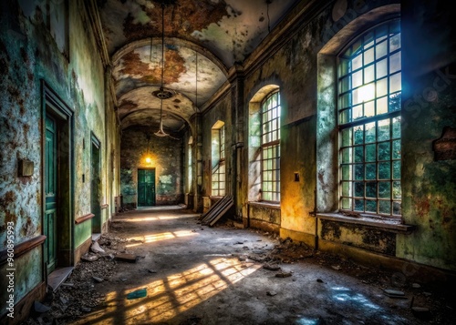 london abandoned asylum decaying corridors flickering flashlights peeling paint walls eerie whispering sounds darkness haunting shadows creepy atmosphere