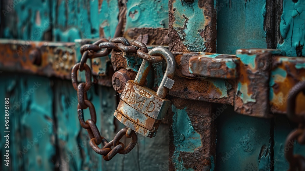 A rusty padlock and chain secures a weathered turquoise door. A rusty padlock and chain secures a weathered turquoise door.