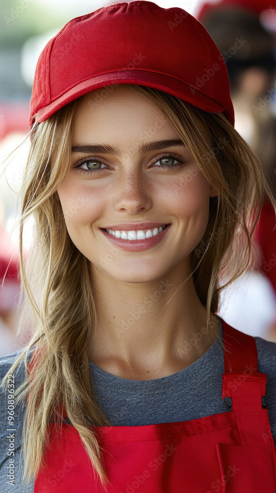 A woman with blonde hair and a red hat is smiling. She is wearing a red apron A woman with blonde hair and a red hat is smiling. She is wearing a red apron