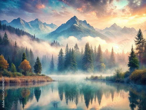 serene ethereal sublimation landscapes featuring misty mountains and tranquil lakes with soft feathery textures and muted pastel colors on cotton fabric photo